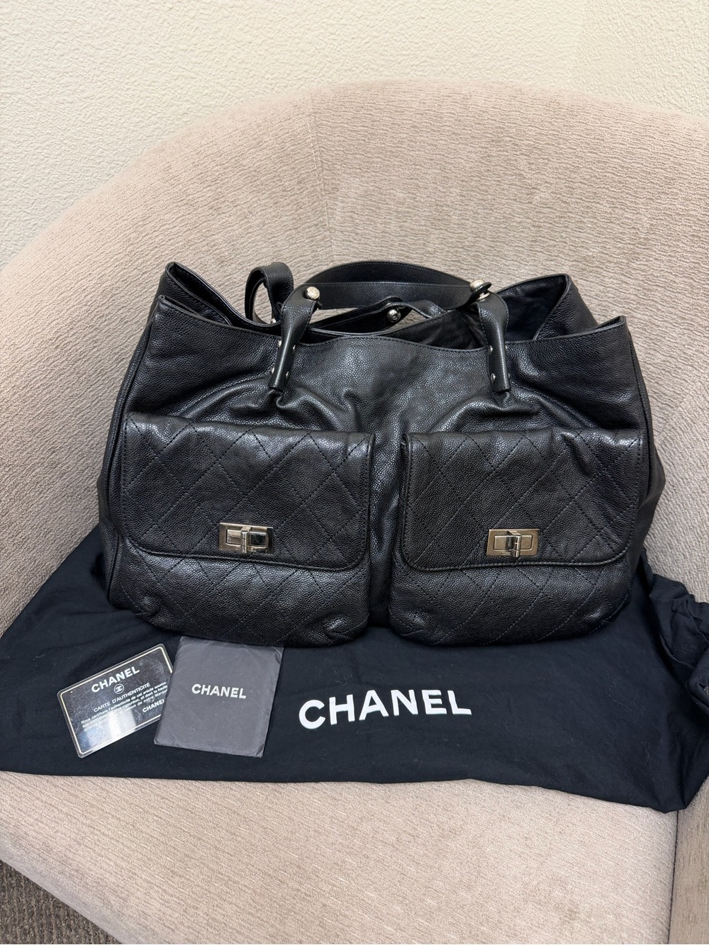 CHANEL Glazed Caviar Leather Double-Pocket Tote